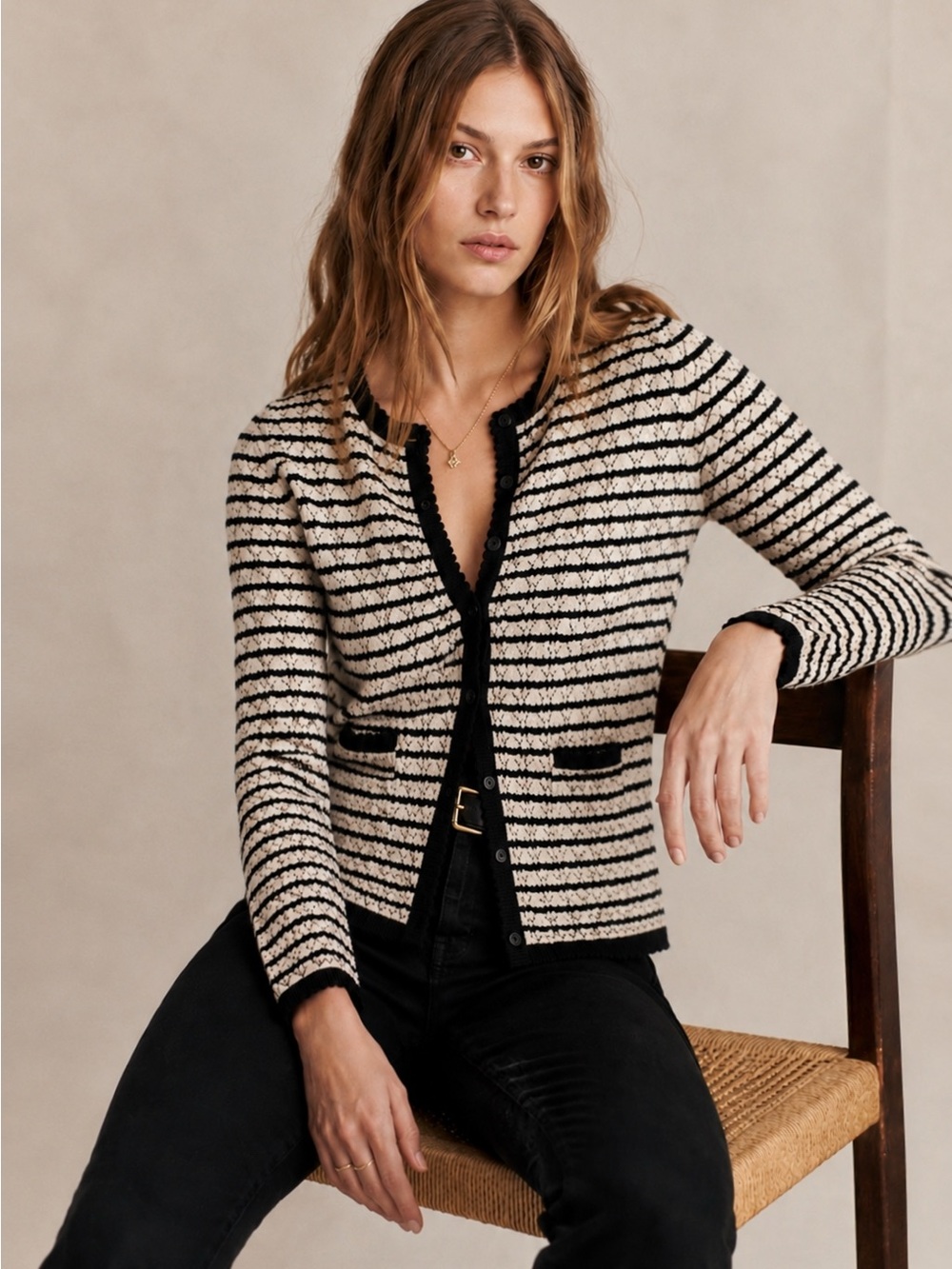 DÔEN Therese Stripe Cardigan • Size L • Noir Allaire NWT • SEEN ON MARGOT ROBBIE